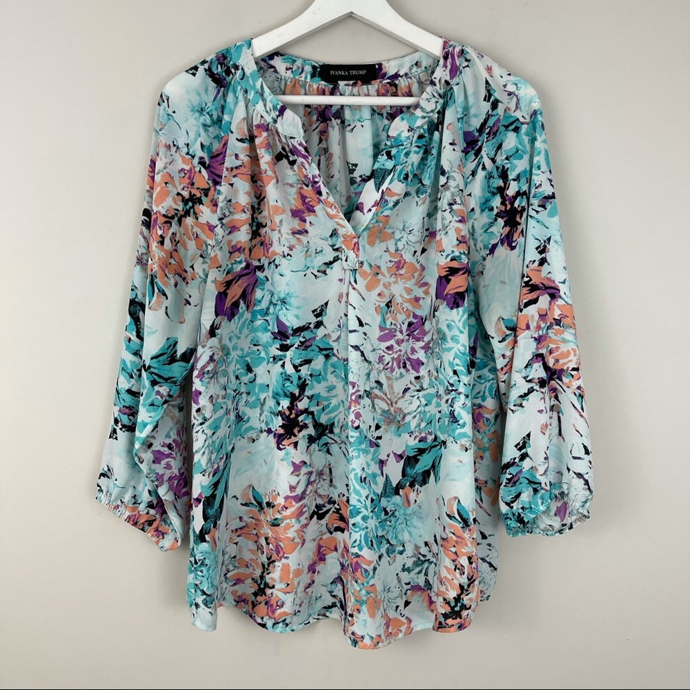 Ivanka Trump Abstract Floral Split Neck Blouse
